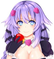 Rule 34 | 1girl, apple, blue eyes, blue hair, blush, breasts, bright pupils, choujigen game neptune, cleavage, close-up, closed mouth, cosplay, detached collar, food, fruit, gloves, hair between eyes, highres, holding, holding food, holding fruit, katerina (rondo duo), katerina (rondo duo) (cosplay), large breasts, long hair, looking at viewer, neptune (neptunia), neptune (series), otxoa60, puffy short sleeves, puffy sleeves, purple gloves, purple heart (neptunia), rondo duo, short sleeves, smile, solo