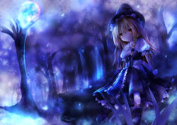 Rule 34 | 1girl, ankle boots, blonde hair, boots, braid, forest, full moon, furomaaju (fromage), grass, hair ribbon, hat, highres, kirisame marisa, light frown, light particles, log, long hair, moon, nature, night, puffy short sleeves, puffy sleeves, ribbon, short sleeves, single braid, sitting, skirt, skirt set, solo, touhou, tress ribbon, witch hat, wrist cuffs, yellow eyes