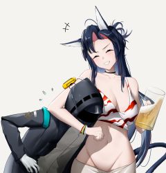 Rule 34 | +++, 1girl, 1other, :d, absurdres, alcohol, ambiguous gender, animal ears, arknights, arm around neck, arm strap, beer, beer mug, black choker, black hair, black jacket, blaze (arknights), blaze (burst feline) (arknights), breasts, cat ears, choker, cleavage, closed mouth, collarbone, cowboy shot, cup, doctor (arknights), closed eyes, flying sweatdrops, grey shirt, groin, highres, holding, holding cup, hood, hood up, jacket, large breasts, long hair, mask, mug, multicolored hair, navel, official alternate costume, open mouth, red hair, shirt, simple background, smile, streaked hair, vamjulian, white background
