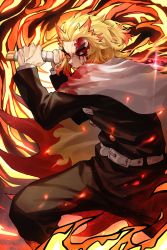 Rule 34 | 1boy, belt, black legwear, black pants, black sleeves, blonde hair, blood, blood on face, cape, chinese commentary, cowboy shot, fire, forehead, forked eyebrows, highres, holding, holding sword, holding weapon, kimetsu no yaiba, long sleeves, male focus, multicolored hair, netural, one eye closed, pants, parted lips, pointy nose, red eyes, red hair, rengoku kyoujurou, solo, sparkle, streaked hair, sword, thick eyebrows, two-tone hair, v-shaped eyebrows, veins, weapon