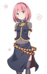 Rule 34 | 1girl, :o, alternate hair length, alternate hairstyle, armband, belt, bit (keikou syrup), blue eyes, blush, child, commentary, crop top, feet out of frame, floral background, head tilt, headphones, highres, looking at viewer, megurine luka, midriff, navel, pink hair, see-through, short hair, simple background, skirt, solo, thighhighs, vocaloid, white background, aged down