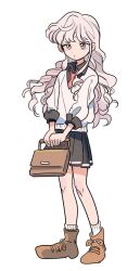 Rule 34 | 1girl, bag, black shirt, black skirt, black sleeve cuffs, brown footwear, collared shirt, dolman (dm), dot nose, eyebrows hidden by hair, full-body tattoo, full body, highres, holding, holding bag, layered clothes, layered sleeves, long hair, long sleeves, miniskirt, neckerchief, original, own hands together, parted lips, pleated skirt, puffy long sleeves, puffy sleeves, red eyes, red neckerchief, school bag, shirt, simple background, skirt, socks, solo, standing, sweater, tattoo, two-handed, wavy hair, white background, white hair, white socks, white sweater