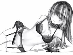 Rule 34 | 1girl, bare arms, bare shoulders, blunt bangs, bra, breasts, choker, covering crotch, covering privates, folding fan, garter belt, gloves, greyscale, hand fan, highres, holding, holding fan, hololive, hololive dev is, juufuutei raden, lace, lace bra, lingerie, looking at viewer, lying, monochrome, multicolored hair, nanashi (nlo), no panties, on side, parted lips, simple background, small breasts, smile, solo, streaked hair, thigh gap, thighhighs, underwear, virtual youtuber