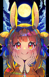 Rule 34 | 1girl, :q, animal ears, blue bow, blue hair, blue sky, blush, bow, brown hair, brown jacket, closed mouth, cloud, commentary request, double bun, full moon, hair bow, hair bun, hands on own face, hands up, highres, jacket, long sleeves, moon, multicolored hair, naoto (yandereheaven), night, night sky, original, pillarboxed, pixiv id, purple hair, rabbit ears, red hair, short eyebrows, signature, sky, smile, solo, streaked hair, thick eyebrows, tongue, tongue out, twitter username, upper body