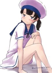 Rule 34 | 1girl, arm support, blue sailor collar, hat, highres, kantai collection, looking to the side, noroma, purple eyes, sailor collar, sailor hat, shounan (kancolle), solo, twintails, white background