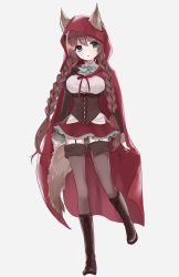 Rule 34 | 1girl, :o, animal ears, aqua bow, aqua bowtie, aqua eyes, boots, bow, bowtie, braid, brown footwear, brown hair, brown thighhighs, collared shirt, corset, fox ears, full body, garter straps, grey background, highres, little red riding hood, long hair, long sleeves, looking at viewer, misumi (macaroni), open mouth, original, pleated skirt, puffy sleeves, red skirt, shirt, simple background, skirt, solo, standing, thighhighs, twin braids, very long hair
