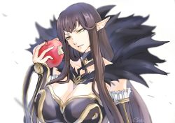 Rule 34 | 1girl, apple, breasts, dress, eating, fate/grand order, fate (series), food, food bite, fruit, hair between eyes, highres, holding, holding food, holding fruit, hoshi rasuku, jewelry, large breasts, long hair, looking at viewer, necklace, open mouth, pointy ears, semiramis (fate), simple background, solo, upper body, very long hair, white background, yellow eyes