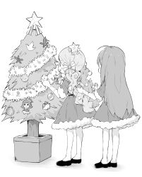 Rule 34 | 2girls, absurdres, ahoge, blush, bow, christmas lights, christmas ornaments, christmas star, christmas tree, commentary request, dress, elbow gloves, full body, fur-trimmed skirt, fur-trimmed sleeves, fur trim, gloves, greyscale, hair bow, handa roco, highres, idolmaster, idolmaster million live!, long hair, looking at another, maverick (muruchin), mochizuki anna, monochrome, multiple girls, open mouth, plant, potted plant, santa dress, shoes, short sleeves, sidelocks, skirt, smile, standing, twintails, wavy hair, white background