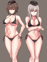 Rule 34 | &gt;:(, &gt;:), 10s, 2girls, armpits, bare shoulders, bikini, black bikini, breast hold, breasts, brown eyes, brown hair, choker, cleavage, closed mouth, cowboy shot, cross, crossed arms, frown, girls und panzer, green eyes, grey background, groin, halterneck, halterneck, hat, iron cross, itsumi erika, large breasts, looking at viewer, meicha, military hat, multiple girls, navel, nishizumi maho, parted lips, side-tie bikini bottom, silver hair, smile, stomach, swimsuit, v-shaped eyebrows