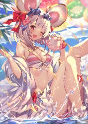 Rule 34 | 1girl, animal ears, bare shoulders, beach, bikini, blush, breasts, collarbone, fake animal ears, granblue fantasy, highres, homaderi, looking at viewer, mouse (animal), mouse ears, navel, off shoulder, one eye closed, open clothes, open mouth, red eyes, short hair, sitting, small breasts, smile, star-shaped eyewear, star (symbol), swimsuit, thighs, vikala (blooming summer wallflower) (granblue fantasy), vikala (granblue fantasy), wet, white hair