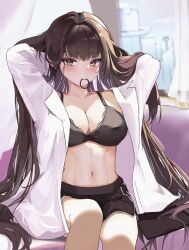 Rule 34 | 1girl, absurdres, arms behind head, arms up, black bra, black shorts, bra, breasts, brown eyes, brown hair, cleavage, collarbone, commentary request, curtains, dolphin shorts, goddess of victory: nikke, hair tie in mouth, highres, indoors, large breasts, long hair, long sleeves, looking at viewer, marciana (nikke), midriff, mouth hold, navel, nipachi, on bed, open clothes, open shirt, shirt, short shorts, shorts, sidelocks, sitting, solo, underwear, very long hair, white shirt, window