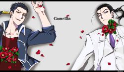 Rule 34 | 2boys, alternate body fluid, arm up, artist name, black hair, blue eyes, blue jacket, camellia, closed mouth, collarbone, dual persona, english text, flower, forehead, formal, fullmetal alchemist, grey background, half-closed eyes, happy, high collar, jacket, letterboxed, long hair, looking at viewer, lying, male focus, multiple boys, necktie, on back, open clothes, open jacket, open mouth, osenchurii, pectoral cleavage, pectorals, petals, ponytail, purple necktie, red flower, red shirt, shirt, simple background, smile, solf j. kimblee, suit, twitter username, upper body, v-shaped eyebrows, vest, watermark, white jacket, white shirt, white suit, white vest, yellow eyes