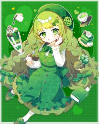 Rule 34 | 1girl, book, bow, cake, candy, doughnut, dress, food, full body, green background, green bow, green dress, green eyes, green hair, green theme, hair bow, hand on own face, highres, holding, holding spoon, matcha (food), original, saijo1201, spoon, sweets