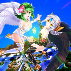 Rule 34 | 2girls, :d, akahige, bad id, bad pixiv id, black legwear, black wings, boots, breasts, crossover, elsword, eve (elsword), feathered wings, flower, flying, gem, green eyes, green hair, gumi, hair flower, hair ornament, hairband, looking at viewer, medium breasts, multiple girls, open mouth, short hair, silver hair, small breasts, smile, thigh boots, thighhighs, vocaloid, white legwear, white wings, whitewhite panda, wings, yellow eyes