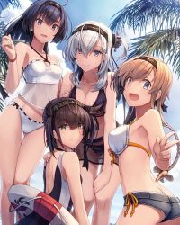 Rule 34 | 4girls, :d, akizuki (kancolle), ass, bikini, black bikini, black hair, blue sky, braid, breasts, bright pupils, brown hair, butt crack, cleavage, closed mouth, cloud, cloudy sky, day, from side, hair between eyes, halterneck, hand on another&#039;s shoulder, hatsuzuki (kancolle), headband, innertube, kantai collection, leaning forward, medium breasts, multiple girls, one-piece swimsuit, one side up, open mouth, outdoors, palm tree, panty slip, ponytail, shizuma yoshinori, short shorts, shorts, silver hair, sky, small breasts, smile, suzutsuki (kancolle), swim ring, swimsuit, teruzuki (kancolle), tree, w, white bikini, wristband