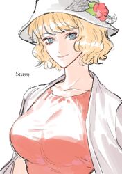 Rule 34 | 1girl, blonde hair, blue eyes, breasts, character name, coat, collarbone, curly hair, flower, large breasts, looking at viewer, one piece, raine (acke2445), red flower, red shirt, shirt, short hair, smile, stussy (one piece), upper body, white background, white coat, white headwear
