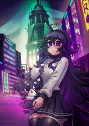 Rule 34 | 1girl, ahoge, animal, black hair, black skirt, blush, bow, cityscape, crawling dreams, frilled skirt, frills, ghast (osiimi), hair between eyes, highres, holding, holding animal, jewelry, long hair, long sleeves, messy hair, necklace, neon lights, nyarla (osiimi), open mouth, osiimi, parted lips, purple eyes, shirt, sidelocks, skirt, solo, stairs, striped clothes, striped skirt, sweater, thighhighs, white shirt