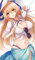 Rule 34 | 1girl, :d, arm up, bikini, black-framed eyewear, blue bow, blue sarong, blush, bow, breasts, cleavage, commentary request, eyewear hang, front-tie top, girls&#039; frontline, gluteal fold, green eyes, groin, hair between eyes, hat, highres, kinona, large breasts, light brown hair, long hair, navel, o-ring, o-ring top, official alternate costume, open mouth, sarong, see-through, shirt, smile, solo, springfield (girls&#039; frontline), springfield (stirring mermaid) (girls&#039; frontline), sun hat, sunlight, swimsuit, thigh gap, tied shirt, unworn eyewear, very long hair, water, white bikini, white hat, white shirt