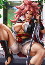Rule 34 | 1girl, amputee, arm guards, baiken, bandages, big hair, black footwear, black jacket, black kimono, blurry, blurry background, breasts, cleavage, covered erect nipples, dandon fuga, facial tattoo, guilty gear, guilty gear xrd, highres, holding, holding sword, holding weapon, jacket, jacket on shoulders, japanese clothes, kataginu, katana, kimono, large breasts, leaf, long hair, looking at viewer, multicolored clothes, multicolored kimono, obi, one-eyed, one eye closed, open clothes, open kimono, pink hair, pinup (style), ponytail, red eyes, rope, sandals, sash, scar, scar across eye, scar on face, sitting, smirk, sword, tattoo, thighs, toes, weapon, white kimono, wide sleeves