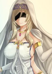 Rule 34 | 10s, 1girl, absurdres, black blindfold, blindfold, blonde hair, breasts, collarbone, goblin slayer!, highres, jewelry, large breasts, long hair, necklace, smile, solo, sword maiden, the only shoe, veil