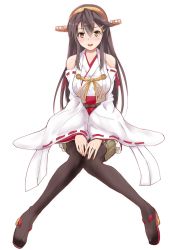 Rule 34 | bare shoulders, black hair, black thighhighs, boots, breasts, brown eyes, detached sleeves, full body, hair ornament, hairband, hairclip, haruna (kancolle), headgear, highres, japanese clothes, jewelry, kantai collection, long hair, medium breasts, nontraditional miko, ribbon-trimmed sleeves, ribbon trim, ring, shamo (ptwmjgda), simple background, sitting, solo, thigh boots, thighhighs, wedding ring, white background, wide sleeves