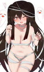 Rule 34 | 1girl, bad id, bad twitter id, bandages, bare shoulders, blush, breasts, brown hair, cleavage, collarbone, genshin impact, ghost, highres, hu tao (genshin impact), long hair, looking at viewer, medium breasts, naked bandage, navel, one eye closed, open mouth, red eyes, smile, symbol-shaped pupils, thighs, twintails, very long hair, w.k