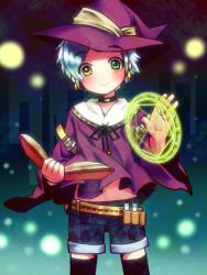 Rule 34 | 1boy, black thighhighs, blue hair, blush, book, choker, earrings, green eyes, hat, holster, jewelry, looking at viewer, magic circle, male focus, navel, nohko, short hair, shorts, smile, solo, source request, thighhighs, witch, witch hat