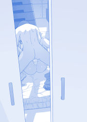Rule 34 | 1boy, 1girl, ass, back, bar censor, blue theme, cait aron, censored, cheer-chan (tawawa), unworn clothes, completely nude, day, dimples of venus, door, getsuyoubi no tawawa, gym storeroom, hetero, indoors, leaning forward, legs up, lying, mattress, missionary, monochrome, motion lines, nude, on back, pussy juice, sex, spread legs, testicles, vaginal