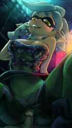 Rule 34 | 1girl, bike shorts, biting, clothed sex, dress, earrings, finger biting, gradient background, green pantyhose, highres, inkling, inkling player character, jewelry, kabeu mariko, looking at viewer, marie (splatoon), mole, mole under eye, navel, nintendo, pantyhose, penis, pointy ears, pov, sex, short hair, shorts under dress, sitting, solo focus, splatoon (series), splatoon 1, tentacle hair, torn bike shorts, torn clothes, torn pantyhose, uncensored, vaginal