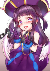Rule 34 | + +, 1girl, black hair, blood, chain, drugs, gloves, hat, lumiel (p&amp;d), puzzle &amp; dragons, shennai misha, solo, sparkling eyes, tears, v, wings