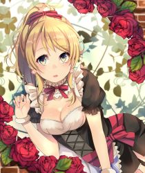 Rule 34 | 10s, 1girl, alternate costume, apron, ayase eli, black dress, blonde hair, blue eyes, breasts, cleavage, dress, earrings, enmaided, floral background, flower, gradient eyes, highres, jewelry, lips, looking at viewer, love live!, love live! school idol festival, love live! school idol project, maid, maid apron, miu91 (miu91 ), multicolored eyes, neck ribbon, open mouth, ponytail, puffy short sleeves, puffy sleeves, red flower, red rose, ribbon, rose, scrunchie, short dress, short sleeves, solo, waist apron, yellow eyes