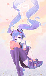Rule 34 | 1girl, 39, blue eyes, blue hair, boots, bouquet, collared shirt, coma (fginiy), crossed ankles, floating hair, flower, hair ornament, hatsune miku, high heel boots, high heels, holding, holding bouquet, knees up, long hair, looking at viewer, necktie, petals, pleated skirt, rose, shirt, skirt, sleeveless, sleeveless shirt, smile, solo, thigh boots, twintails, very long hair, vocaloid