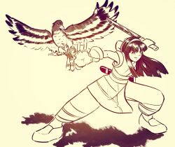 Rule 34 | 1girl, artist name, black hair, breasts, clenched hand, feet, fighting stance, fingerless gloves, gloves, hair ribbon, legs, long hair, mamahaha, monochrome, nakoruru, outstretched arm, pants, ribbon, samurai spirits, serious, shoes, small breasts, snk, the king of fighters, thighs, traditional media, weapon