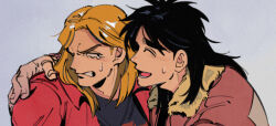 Rule 34 | 2boys, black eyes, black hair, black shirt, blonde hair, bomber jacket, brown jacket, closed eyes, commentary request, fingernails, grey background, hand on another&#039;s shoulder, inudori, itou kaiji, jacket, kaiji, kitami (kaiji), long hair, looking at another, looking to the side, lower teeth only, male focus, medium bangs, multiple boys, open mouth, parted bangs, shirt, simple background, smile, teeth, upper body, wavy eyes