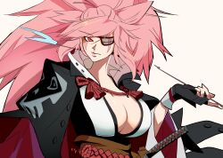 Rule 34 | 1girl, absurdres, amputee, baiken, big hair, black gloves, black jacket, black kimono, breasts, eyepatch, facial tattoo, fingerless gloves, gloves, guilty gear, guilty gear strive, highres, holding, holding smoking pipe, jacket, jacket on shoulders, japanese clothes, katana, kimono, large breasts, long hair, long sleeves, looking at viewer, mouth hold, multicolored clothes, multicolored kimono, nem graphics, one-eyed, pink hair, ponytail, red eyes, samurai, sash, scar, scar across eye, smoking pipe, stalk in mouth, sword, tattoo, weapon, white kimono