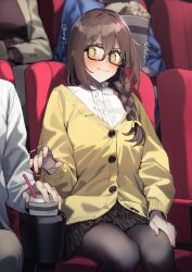 Rule 34 | 1girl, 92m, @ @, black-framed eyewear, black skirt, blurry, blurry background, bow, braid, brown hair, brown pants, bucket, cardigan, closed mouth, collar, commentary request, cup, disposable cup, dress shirt, drinking straw, food, frilled collar, frills, hair over shoulder, highres, holding, holding food, jacket, kakita (92m), long hair, looking to the side, miniskirt, movie theater, original, pants, pantyhose, pleated skirt, popcorn, shirt, single braid, sitting, skirt, solo focus, theater, theater seating, translation request, white shirt, yellow bow, yellow cardigan, yellow eyes