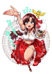 Rule 34 | &gt; &lt;, 1girl, arm up, bird, blue eyes, blush, bracelet, braid, breasts, brown hair, cleavage, coffee, coffee cup, crop top, cup, dated, disposable cup, earrings, fang, fingernails, from above, gypsy, headband, highres, holding, holding cup, hoop earrings, jewelry, large breasts, long fingernails, looking at viewer, navel, necklace, nekoguchi, open mouth, original, puffy short sleeves, puffy sleeves, red headband, red skirt, sandals, shirt, short sleeves, signature, skindentation, skirt, smile, solo, standing, standing on one leg, stomach, thick thighs, thighs, white background, white shirt
