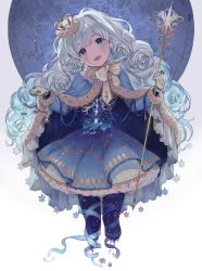 Rule 34 | 1girl, bad id, bad pixiv id, black legwear, blue dress, blue eyes, blush, cape, commentary request, crown, curly hair, dress, earrings, facepaint, gloves, highres, jewelry, leg ribbon, long hair, looking at viewer, mini crown, open mouth, original, ribbon, scales, scepter, silver hair, smile, solo, star (symbol), tamaext, very long hair