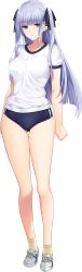Rule 34 | 1girl, :o, absurdres, blue eyes, double vertical stripe, full body, game cg, gym shirt, hibiki works, highres, iizuki tasuku, long hair, official art, open mouth, shirt, short sleeves, silver hair, solo, standing, suiren to shion, thigh gap, transparent background, two side up, wakami shion