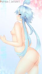 Rule 34 | 1girl, absurdres, ass, blue hair, blush, breasts, censored, commentary, completely nude, cowboy shot, english commentary, from behind, from side, frown, hand up, highres, jetkerbal, leaning forward, looking at viewer, looking back, naughty face, neptune (series), nipples, nude, power symbol, power symbol-shaped pupils, pussy, red eyes, short hair with long locks, small breasts, smile, solo, symbol-shaped pupils, thighs, white heart (neptunia)