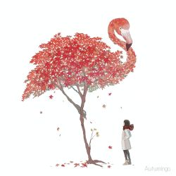 Rule 34 | ambiguous gender, autumn, autumn leaves, bird, brown hair, coat, flamingo, highres, kamura gimi, leaf, leg up, nature, original, plaid, plaid scarf, red scarf, scarf, shoes, simple background, solo, standing, tree, white background