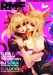 Rule 34 | 2girls, absurdres, ahri (league of legends), alternate costume, animal ears, asymmetrical docking, bare shoulders, black cat d.va, blonde hair, bracelet, breast press, breasts, cat ears, cat tail, cheek-to-cheek, cleavage, closed eyes, cover, crossover, d.va (overwatch), earrings, eyelashes, eyeshadow, facial mark, fox ears, fox tail, heads together, highres, hug, idol, jewelry, k/da (league of legends), k/da ahri, large breasts, league of legends, lips, magazine cover, makeup, medium breasts, microphone, monori rogue, multiple girls, multiple tails, music, nail polish, nose, official alternate costume, open mouth, overwatch, overwatch 1, pink background, pinky out, shared microphone, shorts, singing, tail, thighhighs, trait connection, whisker markings