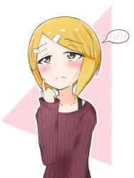 Rule 34 | 1girl, absurdres, alternate hairstyle, ame (amechan17391739), bad id, bad pixiv id, blonde hair, cutlass (girls und panzer), frown, girls und panzer, hair ornament, hairclip, highres, short hair, simple background, solo, spoken blush, sweater, turtleneck, turtleneck sweater, yellow eyes