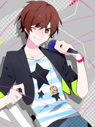 Rule 34 | 1boy, amatsuki (utaite), black jacket, blue pants, blue shirt, brown eyes, brown hair, cable, clock necklace, closed mouth, collared jacket, commentary request, cowboy shot, cropped jacket, denim, fingernails, grey background, holding, holding cable, holding microphone, indie utaite, jacket, jeans, lapels, long sleeves, looking at viewer, male focus, microphone, one eye closed, pants, peaked lapels, polka dot, polka dot background, shirt, short hair, simple background, sleeves past elbows, smile, solo, star (symbol), star print, striped clothes, striped shirt, two-sided fabric, two-sided jacket, two-tone shirt, unagi (nakaelric), utaite, white shirt