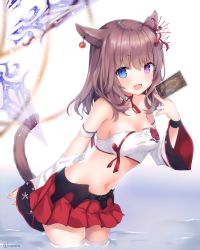 Rule 34 | 1girl, animal ears, bad id, bad pixiv id, bandeau, bare shoulders, between fingers, blue eyes, blush, breasts, collarbone, detached sleeves, final fantasy, final fantasy xiv, hair ornament, heterochromia, holding, kanora, long hair, looking at viewer, medium breasts, midriff, miniskirt, miqo&#039;te, navel, open mouth, pleated skirt, purple eyes, purple hair, red skirt, skirt, smile, solo, tail, thighs, twitter username, wading