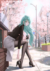 Rule 34 | 1girl, adjusting footwear, aqua hair, back, back focus, bag, bang dream!, black pantyhose, black shirt, blue sky, breasts, building, buttons, cherry blossoms, chromatic aberration, closed mouth, commentary, cup, day, disposable cup, earrings, english commentary, falling leaves, floating hair, from side, green eyes, grey skirt, hair behind ear, hand up, heel pop, high heels, highres, hikawa sayo, holding, holding cup, jewelry, lamppost, leaf, leaning forward, light particles, long hair, long sleeves, looking at viewer, looking to the side, medium breasts, mixed-language commentary, outdoors, pantyhose, pumps, railing, shadow, shirt, shirt tucked in, shoulder bag, simple background, skirt, sky, soles, solo, town, tree, tree shade, turtleneck, very long hair, wavy hair, yuzuriha (atelier liang)