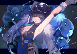Rule 34 | 1girl, armpits, arms behind head, arms up, asymmetrical gloves, bad id, bad pixiv id, bare shoulders, black hair, blue dress, blue hair, blush, bob cut, breasts, cleavage, cleavage cutout, clothing cutout, diagonal bangs, dice, dress, earrings, fur-trimmed jacket, fur trim, genshin impact, gloves, green eyes, jacket, jacket on shoulders, jewelry, large breasts, long sleeves, looking at viewer, mismatched gloves, mole, mole on breast, multicolored hair, neck ring, pelvic curtain, revision, short hair, smile, solo, tassel, two-tone hair, water, white jacket, yelan (genshin impact), zenshin