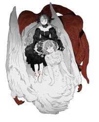 Rule 34 | 2girls, bare shoulders, barefoot, black corset, black dress, black headwear, black sleeves, blood, blood on feet, chimera, corset, dragon girl, dress, dungeon meshi, earmuffs, elf, falin thorden, feathered wings, feathers, food, from above, highres, holding, holding plate, long hair, ma fu, marcille, meat, monochrome, monster girl, multiple girls, mushroom, plate, pointy ears, puffy sleeves, scales, short hair, simple background, sitting, sitting on person, sleeves past wrists, spoilers, very long hair, white background, white feathers, wings
