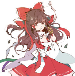 Rule 34 | 1girl, bell, bow, brown eyes, brown hair, cowboy shot, detached sleeves, frilled bow, frilled shirt collar, frilled skirt, frills, gohei, hair bow, hair tubes, hakurei reimu, holding, long hair, looking back, mozukuzu (manukedori), red bow, red skirt, ribbon-trimmed sleeves, ribbon trim, sidelocks, simple background, skirt, smile, solo, touhou, white background, white bow, wide sleeves