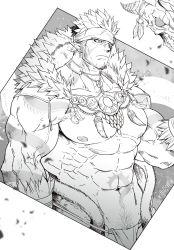 Rule 34 | 1boy, abs, arm tattoo, bara, beard, facial hair, greyscale, headband, highres, jewelry, large pectorals, long sideburns, male focus, manly, monochrome, muscular, necklace, nikism, nipples, pectorals, pointy ears, sideburns, solo, spiked hair, stomach tattoo, tangaroa (housamo), tattoo, tokyo houkago summoners, topless male, upper body